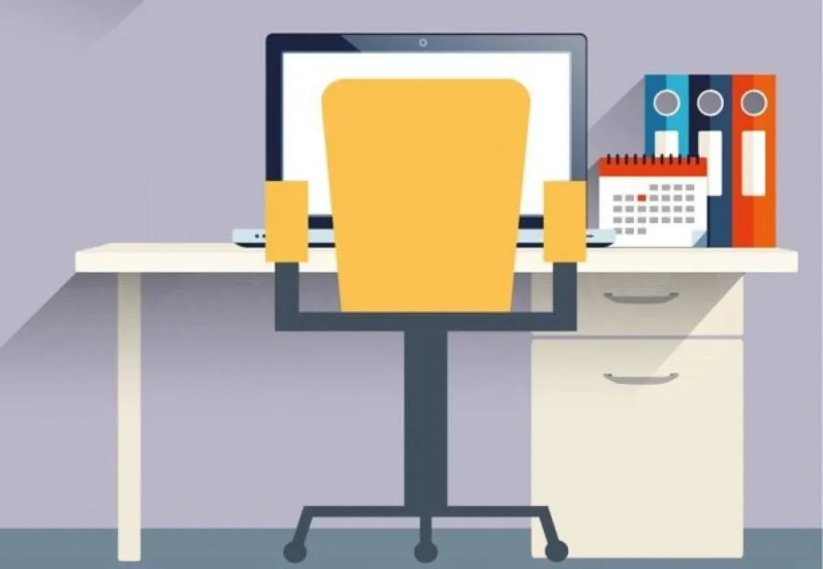 Grafika przedstawiająca krzesło przy biurku, na którym leżą książki i laptop.