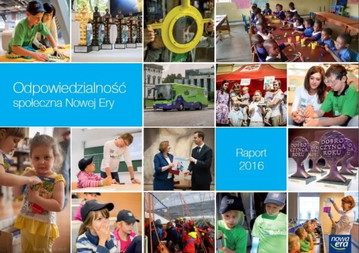 Kolaż zdjęć z napisem "Odpowiedzialność społeczna Nowej Ery, raport 2016".