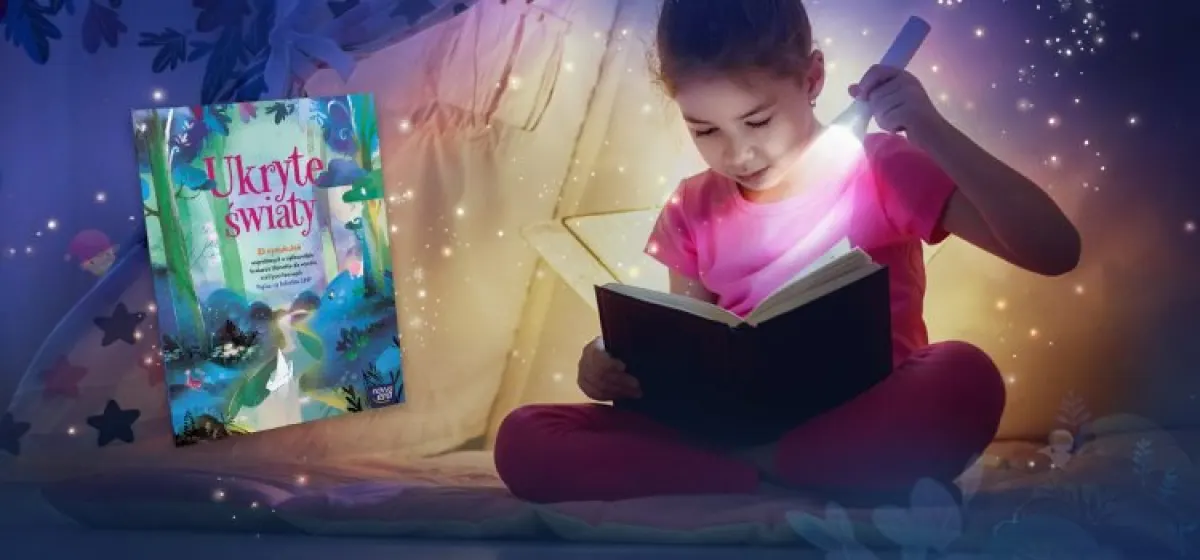 Dziewczynka czytająca "Ukryte światy" przy latarce.