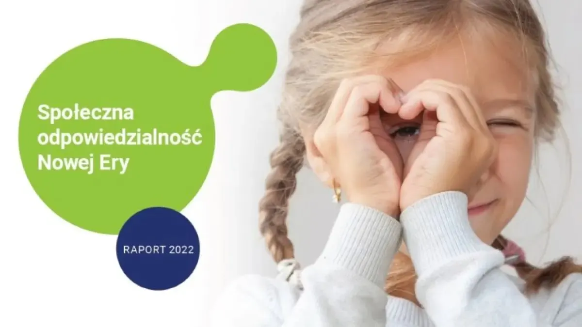 Zdjęcie rąk z napisem "Odpowiedzialność społeczna Nowej Ery, raport 2022".