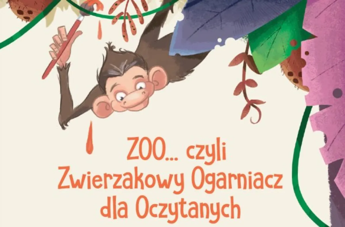 Małpa narysowana wokół napisu "ZOO... czyli Zwierzakowy Ogarniacz dla Oczytanych".