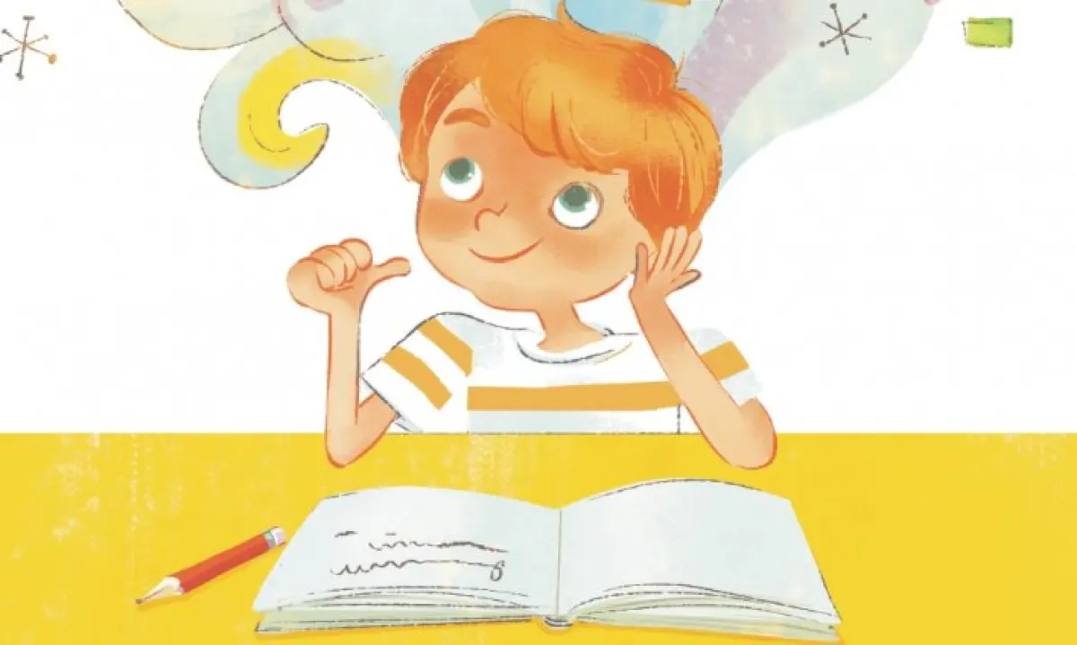 Rysunkowy chłopiec myślący nad historyjką.