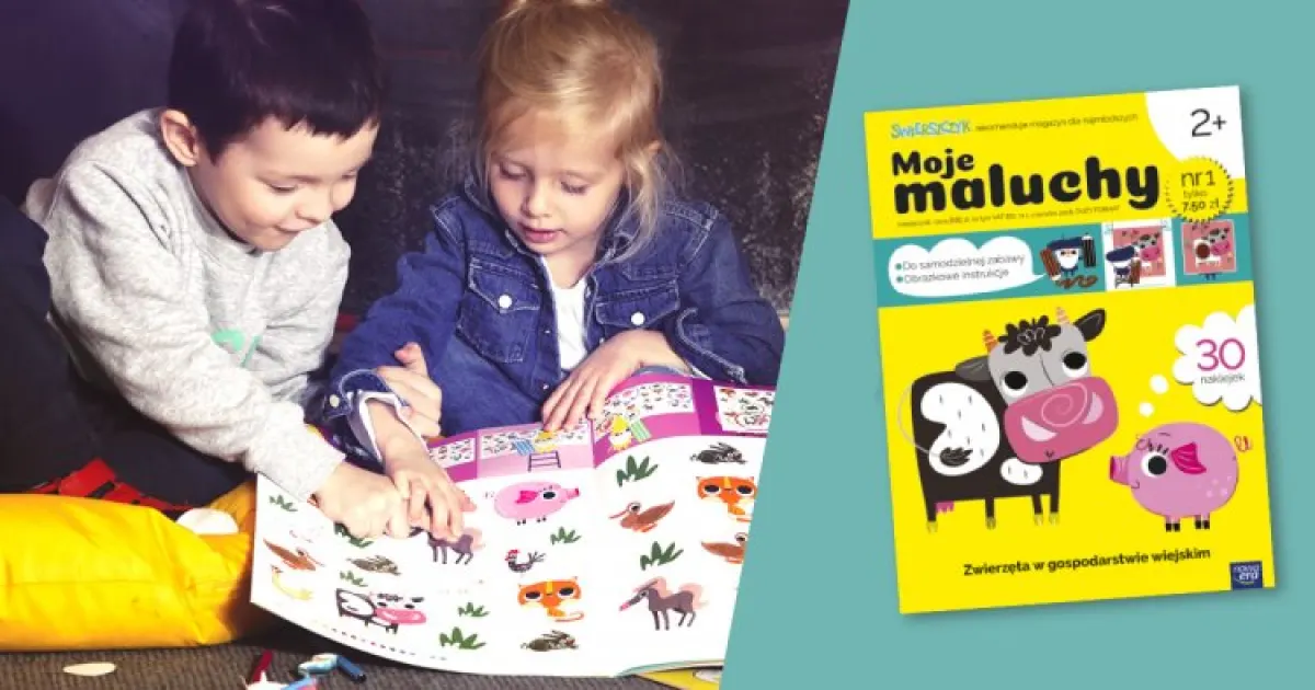 Dzieci oglądające obrazki oraz okładka czasopisma "Moje maluchy".