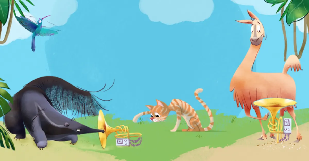 Rysunek zwierzątek grających na instrumentach muzycznych.