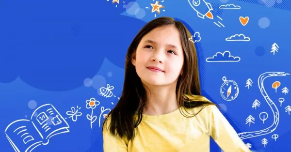 Rozmarzona dziewczynka na tle kreskówkowej grafiki.