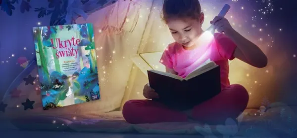 Dziewczynka czytająca "Ukryte światy" przy latarce.