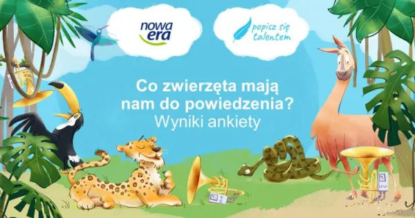 Rysunkowe zwierzęta wokół napisu "Co zwierzęta mają nam do powiedzenia? Wyniki ankiety".